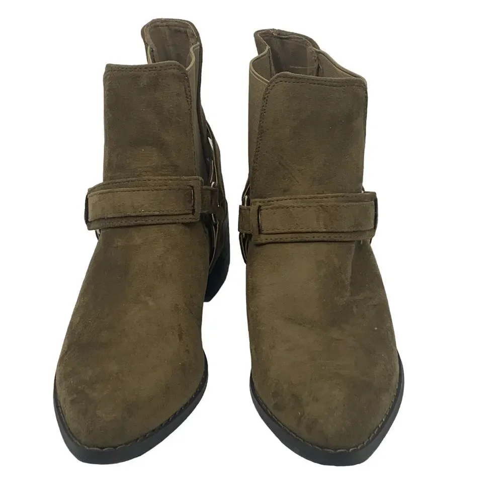 Forever 21 Women's Olive Green Suede Ankle Harness Boots Western Size 5.5 READ‎